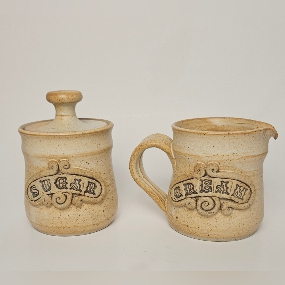 Vintage 1970s Stoneware Cream & Sugar Set – Rustic Embossed Pottery Canada